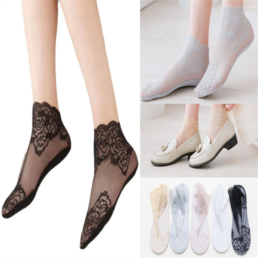 Invisibility Sock Loafer - ถุงเท้าผู้หญิงแบบบางลายลูกไม้กุหลาบ แบบไม่เห็นขอบ รุ่น W003