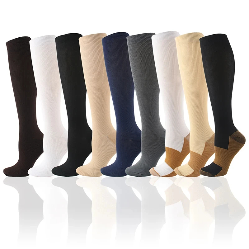 Compression Sock Medical - ถุงเท้ายาวถึงเข่าสำหรับการวิ่งมาราธอนกลางแจ้งเดินป่าสีทึบมีถุงเท้ากันกระแทก